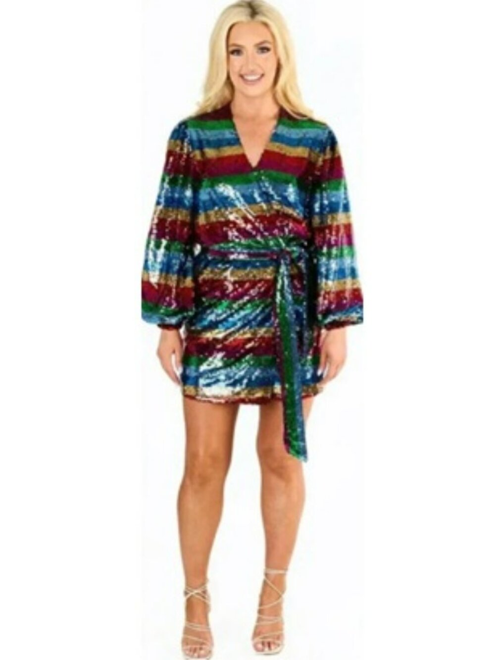 NWT Buddy Love Adeline Rainbow Stripe Sequin Mini Wrap Dress Sz XL - Picture 3 of 16